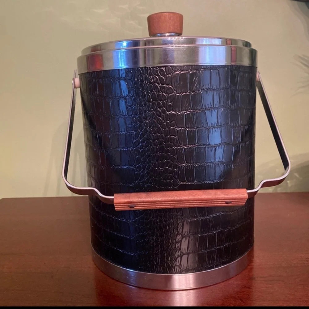Vintage Kromex Black Patent Leather and Chrome Retro Classic Ice Bucket